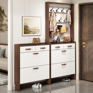 实木超薄翻斗鞋 架 柜带衣架多功能门厅柜胡桃色家用门口进门收纳鞋