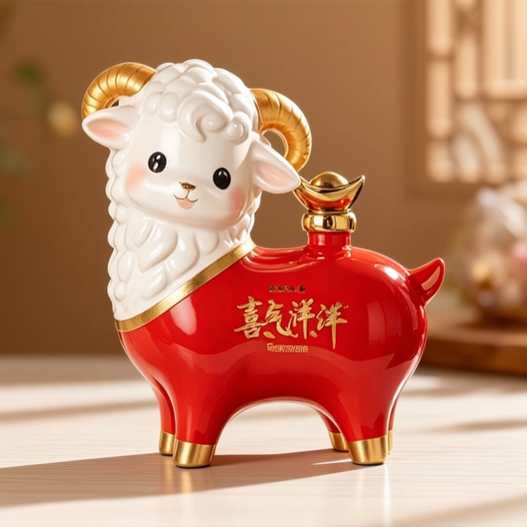 空瓶喜气洋洋景德镇陶瓷生肖羊酒壶密封装饰创意摆设喜庆1斤3斤装