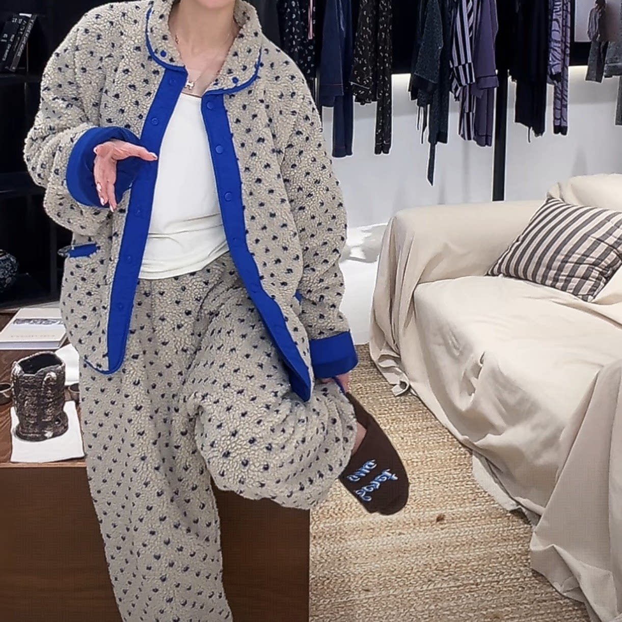 两面穿羊羔毛睡衣外套女冬季韩系加厚 波点撞色家居服可外穿套装
