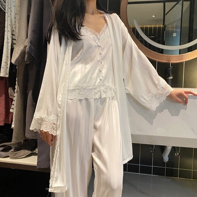 法式蕾丝睡衣吊带长裤女夏季V领纯欲风性感带冰雪丝绸睡袍三件套