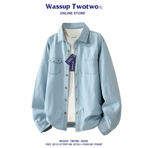 WASSUP TWO TWO牛仔长袖衬衫男春季新款痞帅潮牌复古工装衬衣外套