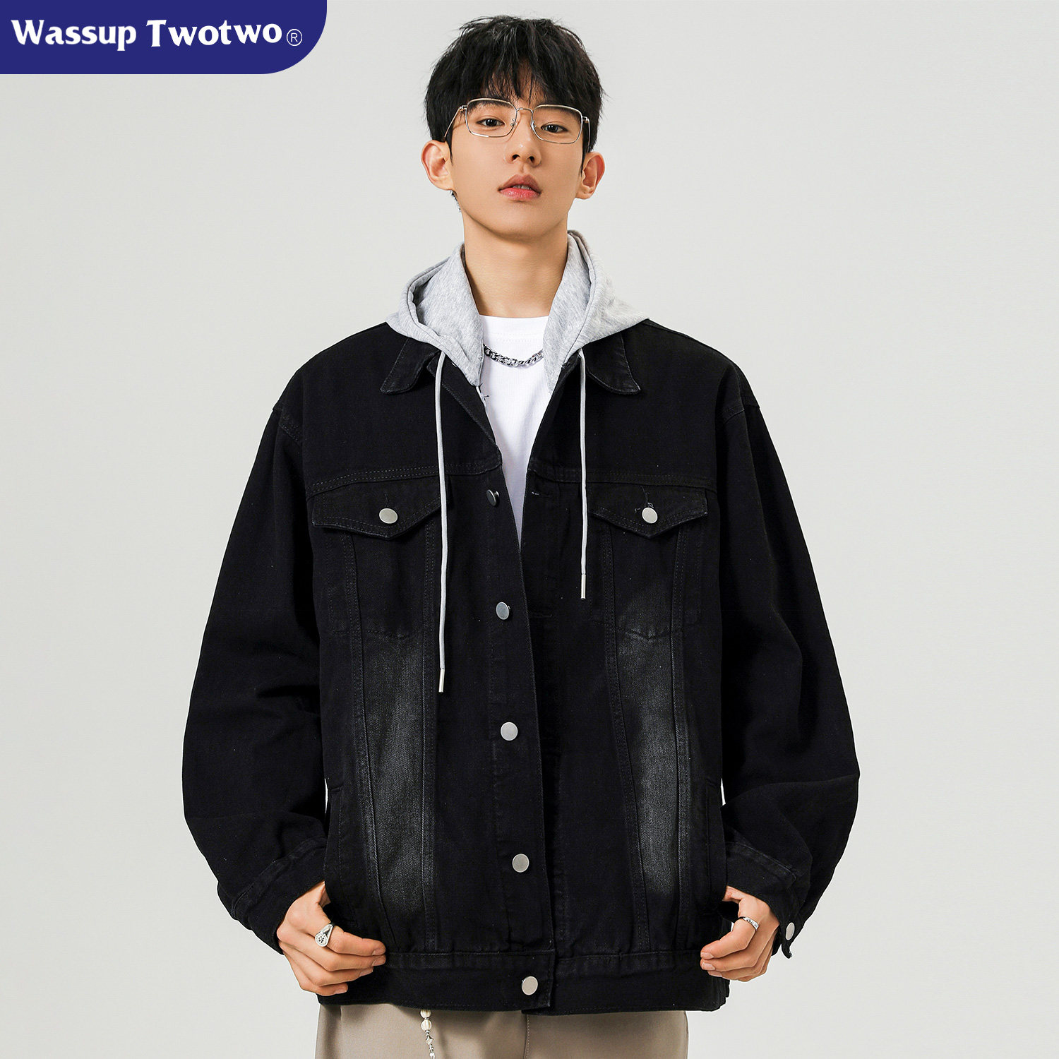 WASSUP TWO TWO宽松连帽假两件牛仔外套男秋季新款休闲工装夹克衫
