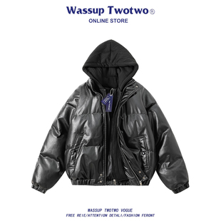 冬季 WASSUP 假两件羽绒棉服男款 TWO美式 棉袄防寒PU皮棉衣外套 TWO