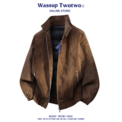 WASSUP TWO TWO美式复古pu皮衣外套男士秋冬季潮牌休闲宽松羽绒服