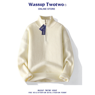 TWO 春秋季 TWO美式 男款 痞帅情侣毛衣 潮流半拉链纯色针织衫 WASSUP