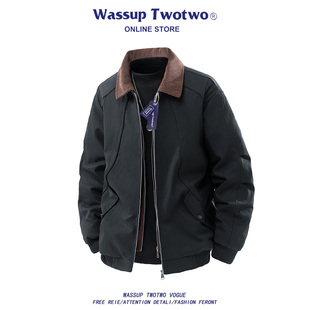 拼接潮牌翻领羽绒服男款 TWO美式 秋冬情侣宽松保暖外套 TWO WASSUP
