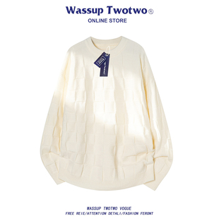 米白色 TWO复古日系圆领毛衣男秋冬保暖宽松休闲针织衫 WASSUP TWO