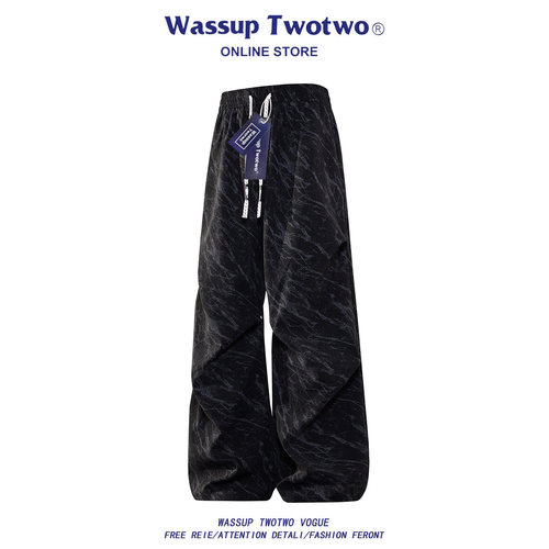 WASSUP TWO TWO美式褶皱扎染灯芯绒裤子秋冬潮牌宽松直筒休闲长裤