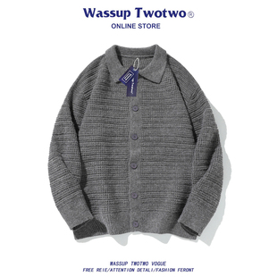 慵懒风休闲宽松百搭针织衫 WASSUP 秋冬季 TWO翻领毛衣开衫 外套 TWO