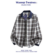 TWO TWO美式 拼色格纹翻领衬衫 WASSUP 春秋季 简约潮流宽松百搭衬衣