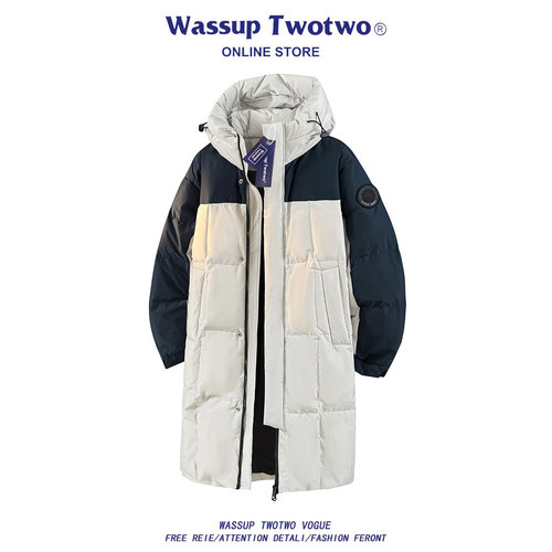 WASSUP TWO TWO美式撞色连帽羽绒服男2025冬季过膝中长款加厚外套