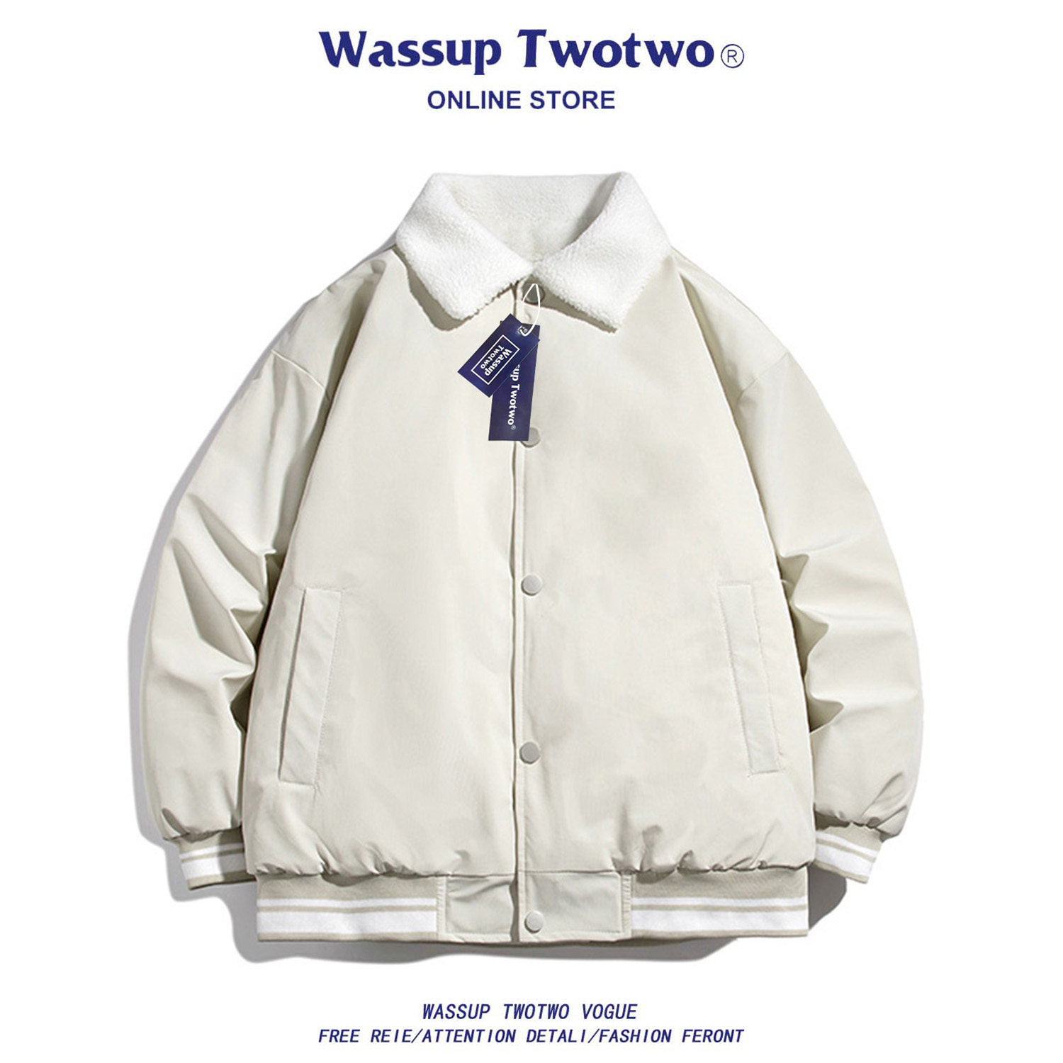WASSUP TWO TWO秋冬季男女款加绒加厚翻领羊羔绒棉衣外套情侣棉服