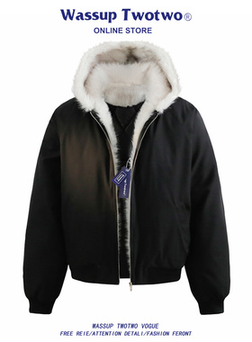 WASSUP TWO TWO美式潮牌座山雕毛领棉服男款秋冬情侣加厚保暖棉衣