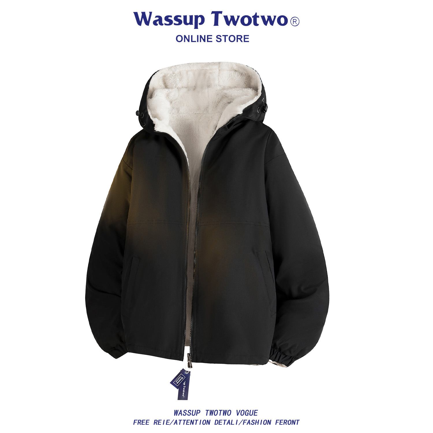 WASSUP TWO TWO双面穿棉衣外套冬季加绒加厚保暖连帽棉服宽松棉袄