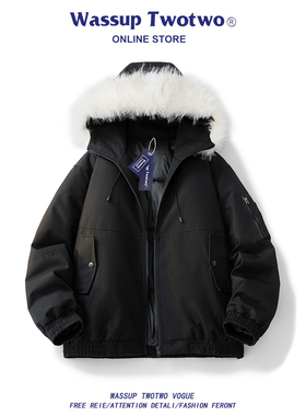 WASSUP TWO TWO美式潮牌座山雕毛领羽绒棉服男款秋冬情侣棉衣外套