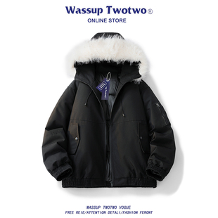 潮牌座山雕毛领羽绒棉服男款 TWO美式 秋冬情侣棉衣外套 TWO WASSUP