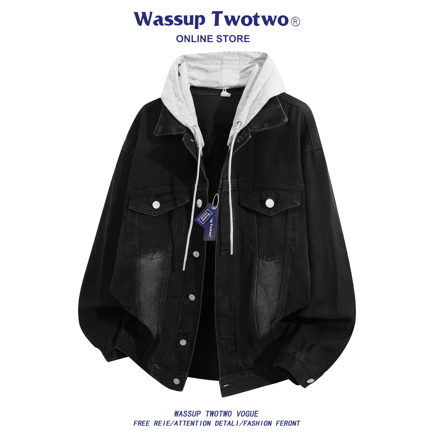 WASSUP TWO TWO宽松连帽假两件牛仔外套男秋季新款休闲工装夹克衫