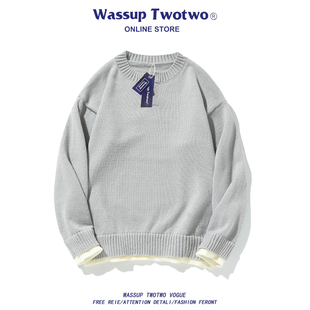 复古网孔纹理圆领毛衣男潮牌宽松套头针织上衣 TWO美式 WASSUP TWO