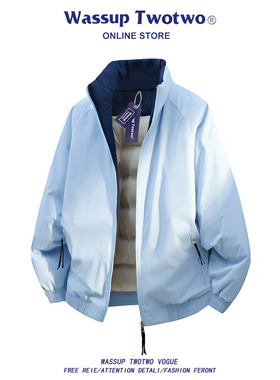 WASSUP TWO TWO蓝色羽绒棉服外套冬季新款飞行员拼色立领夹克棉衣