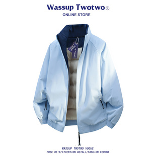 新款 TWO蓝色羽绒棉服外套冬季 飞行员拼色立领夹克棉衣 TWO WASSUP