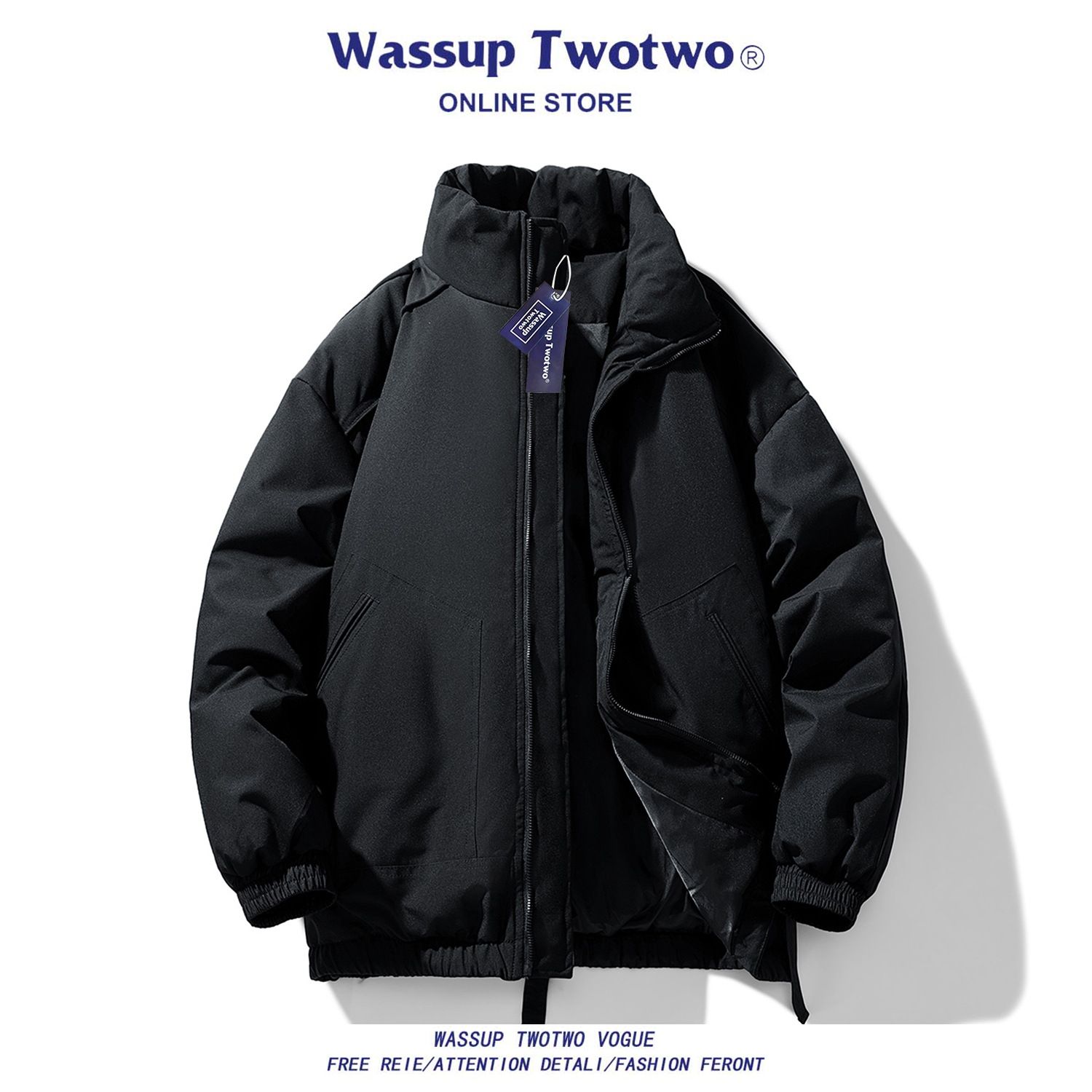 WASSUP TWO TWO冬季纯色立领棉服男加厚保暖外套情侣百搭休闲棉衣