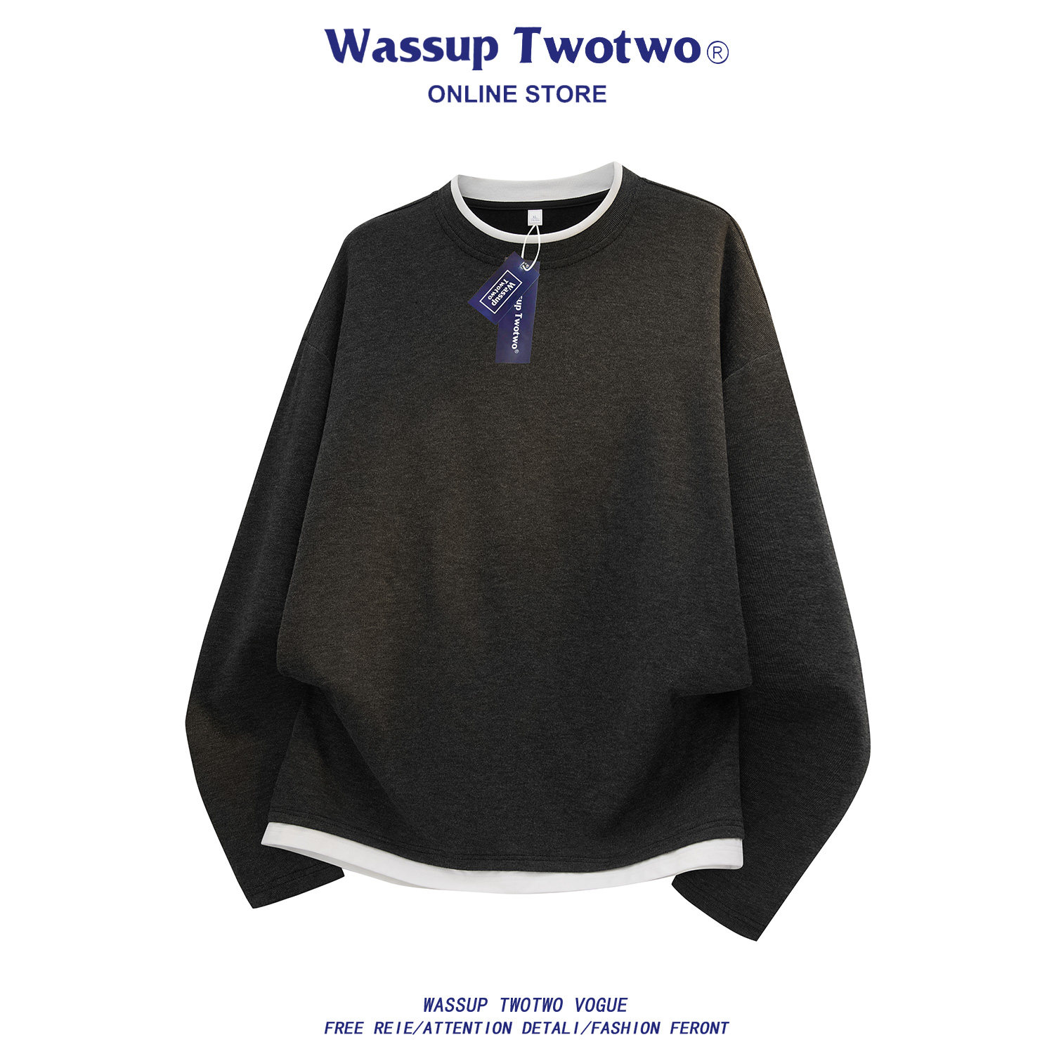 WASSUP TWO TWO美式复古圆领绵羊绒打底衫男士秋冬季休闲纯色卫衣