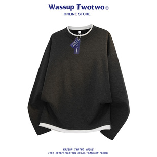 WASSUP TWO TWO美式复古圆领绵羊绒打底衫男士秋冬季休闲纯色卫衣