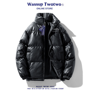 立领面包服潮牌高街棉袄男款 WASSUP pu皮棉服冬季 TWO美式 外套 TWO
