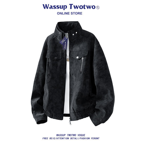 WASSUP TWO TWO潮牌皮夹克男春秋季皮衣外套美式时尚立领青年上衣