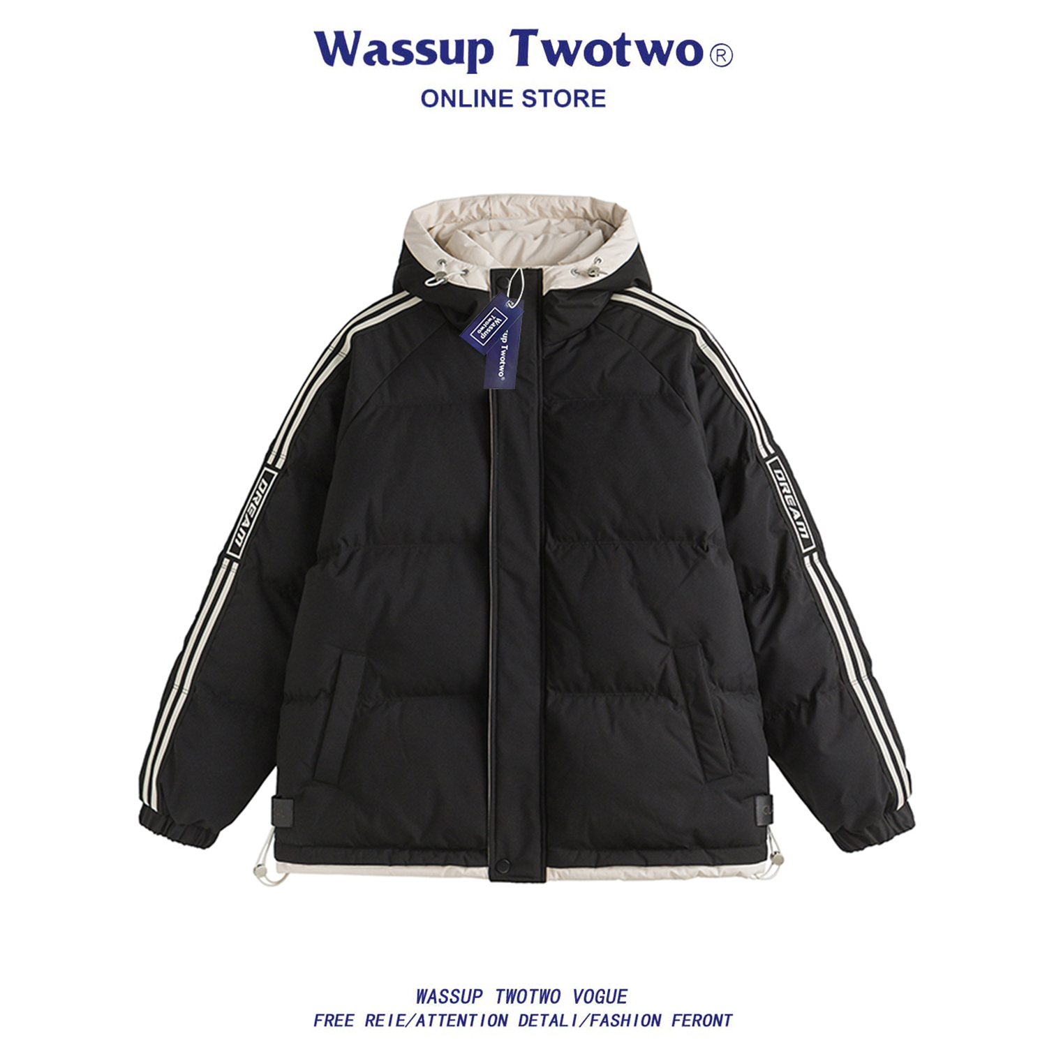 WASSUP TWO TWO复古拼接假两件连帽棉衣男女潮牌休闲情侣棉服外套