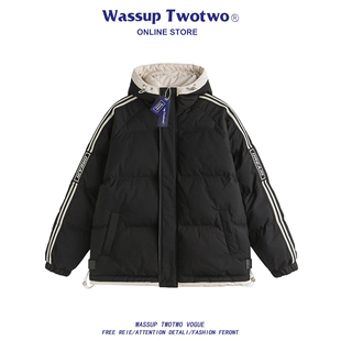 WASSUP TWO复古拼接假两件连帽棉衣男女潮牌休闲情侣棉服外套 TWO