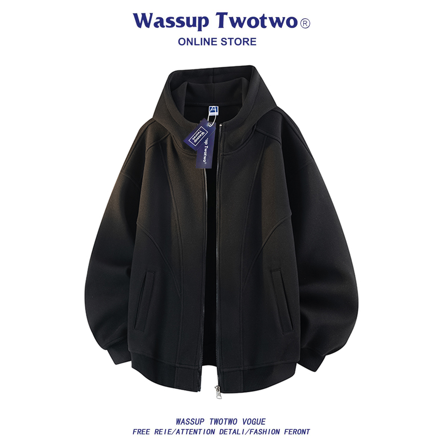 WASSUP TWO TWO美式复古连帽卫衣男款春秋季潮牌宽松休闲百搭外套