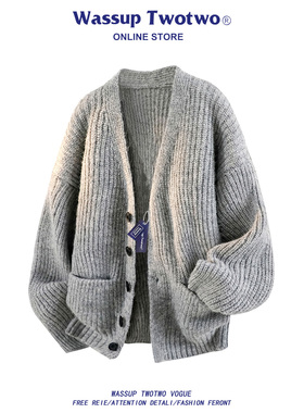 WASSUP TWO TWO复古绿色开衫毛衣秋冬慵懒风软糯简约休闲针织外套