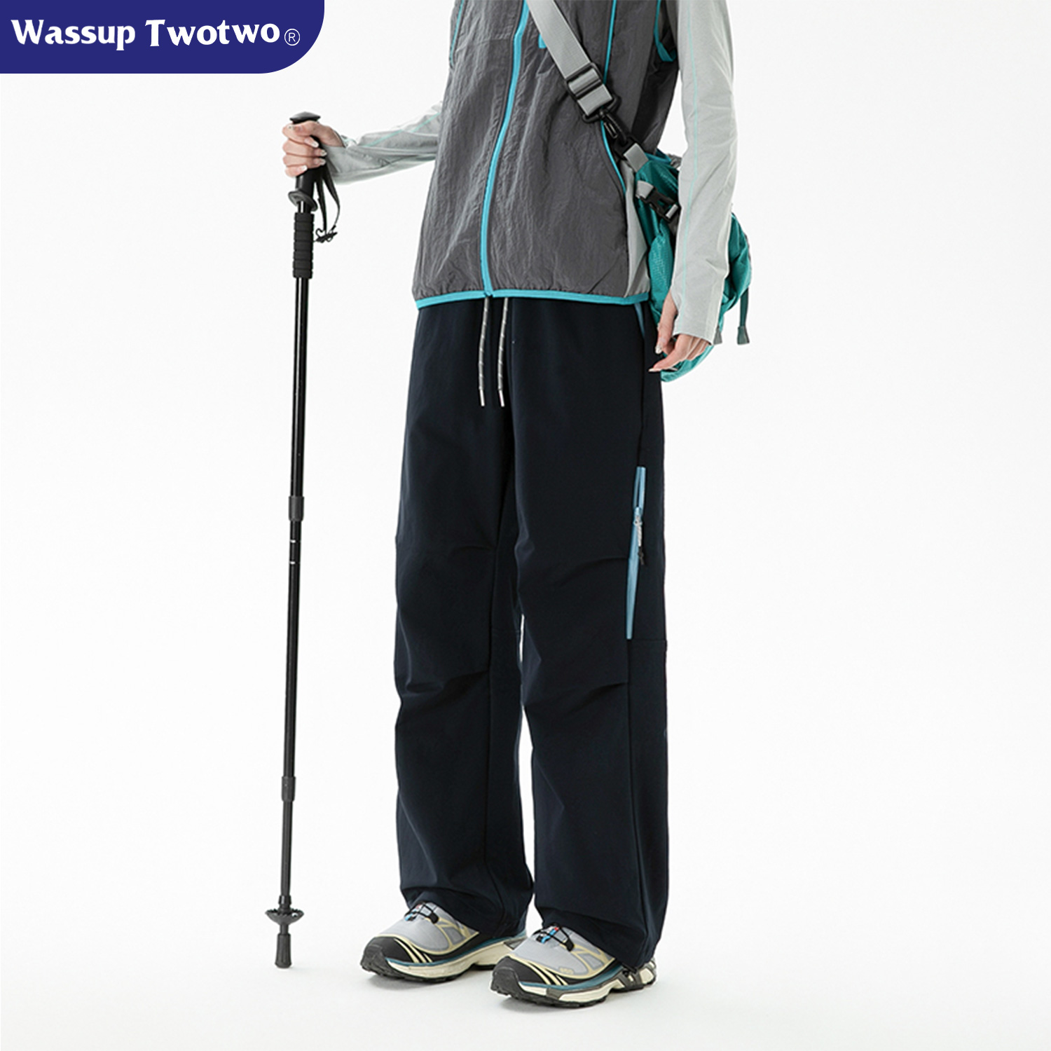 WASSUP TWO TWO户外褶皱撞色伞兵冲锋裤男秋季潮牌宽松运动休闲裤