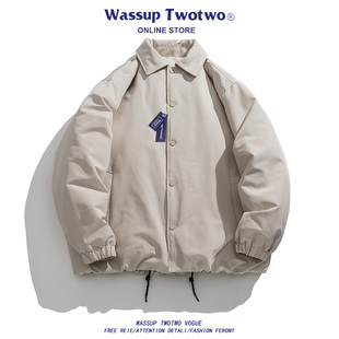 加厚复古纯色简约棉衣外套男百搭宽松翻领棉服 TWO冬季 WASSUP TWO