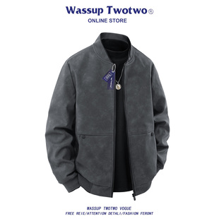 美式 TWO美拉德棒球领皮衣外套秋季 复古痞帅机车皮夹克 TWO WASSUP