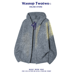 秋冬慵懒风高级感连帽开衫 WASSUP 复古针织衫 TWO美式 连帽毛衣 TWO