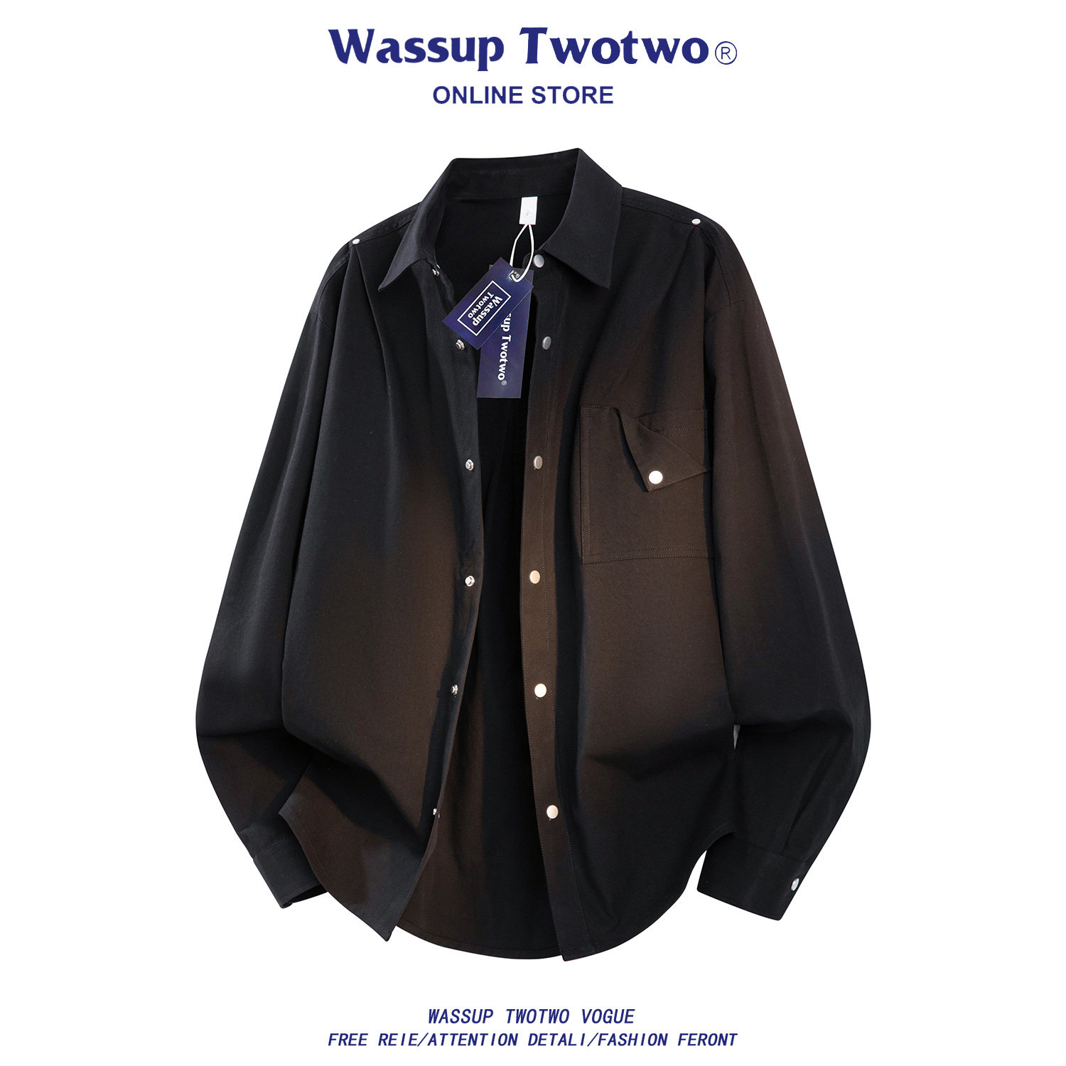 WASSUP TWO TWO衬衫式外套男男春秋季新款美式潮牌翻领简约上衣服