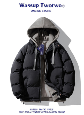 WASSUP TWO TWO秋冬季棉衣男假两件连帽情侣棉服潮牌加厚宽松外套