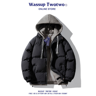 棉衣男假两件连帽情侣棉服潮牌加厚宽松外套 TWO秋冬季 WASSUP TWO