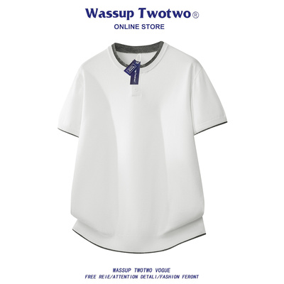 WASSUP夏季亨利领假两件T恤男