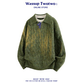 WASSUP 上衣 慵懒风V领针织衫 TWO TWO翻领麻花套头毛衣男秋冬新款
