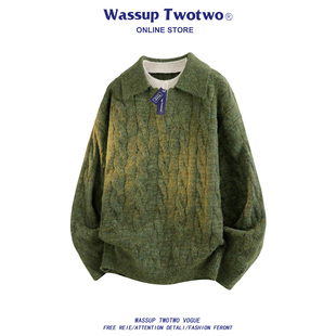 慵懒风V领针织衫 TWO翻领麻花套头毛衣男秋冬新款 上衣 TWO WASSUP