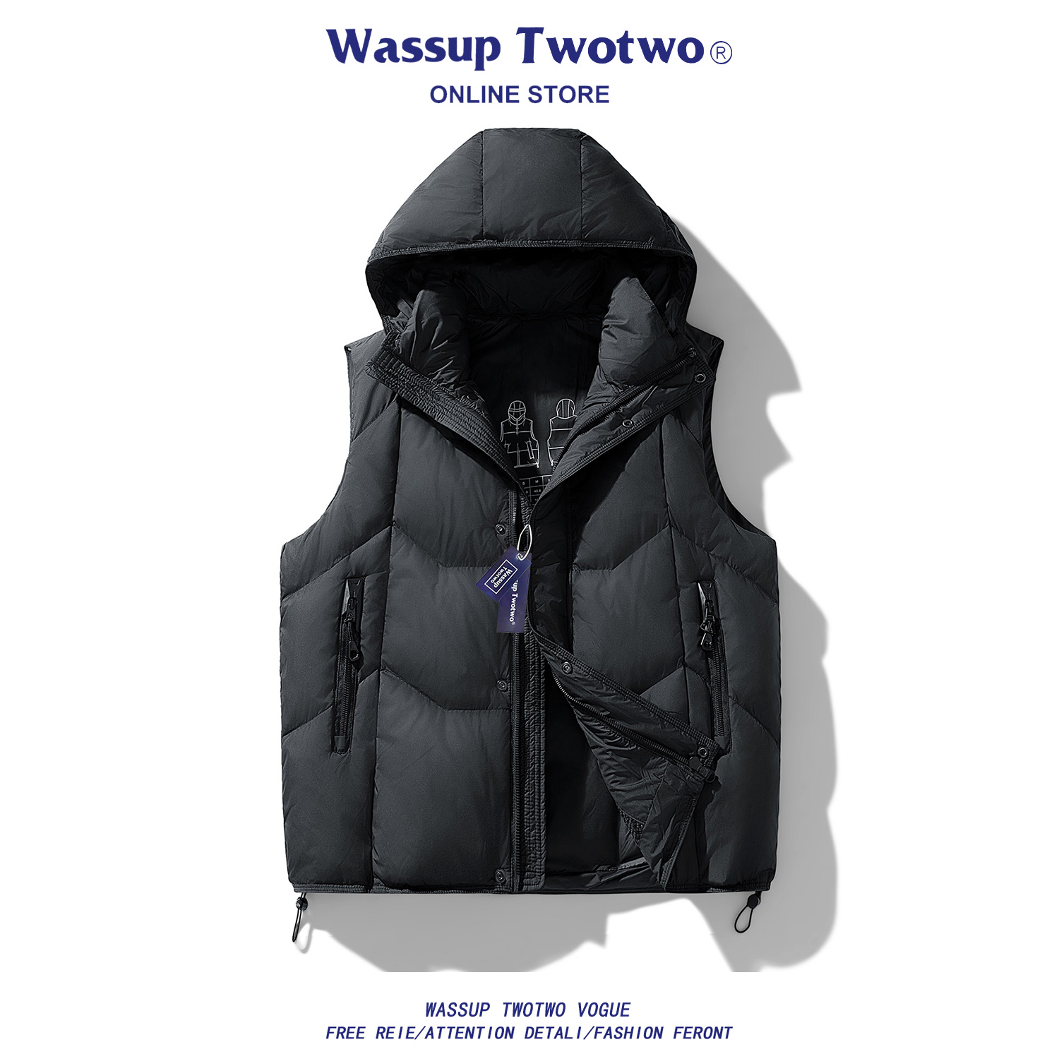 WASSUP TWO TWO冬季鸭绒加厚羽绒马甲男女款复古潮牌保暖羽绒背心