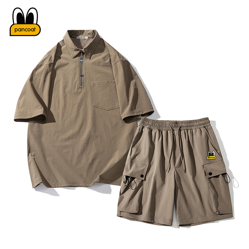 PANCOAT 短袖休闲套装男夏季新款POLO衫简约纯色T恤男运动短裤男