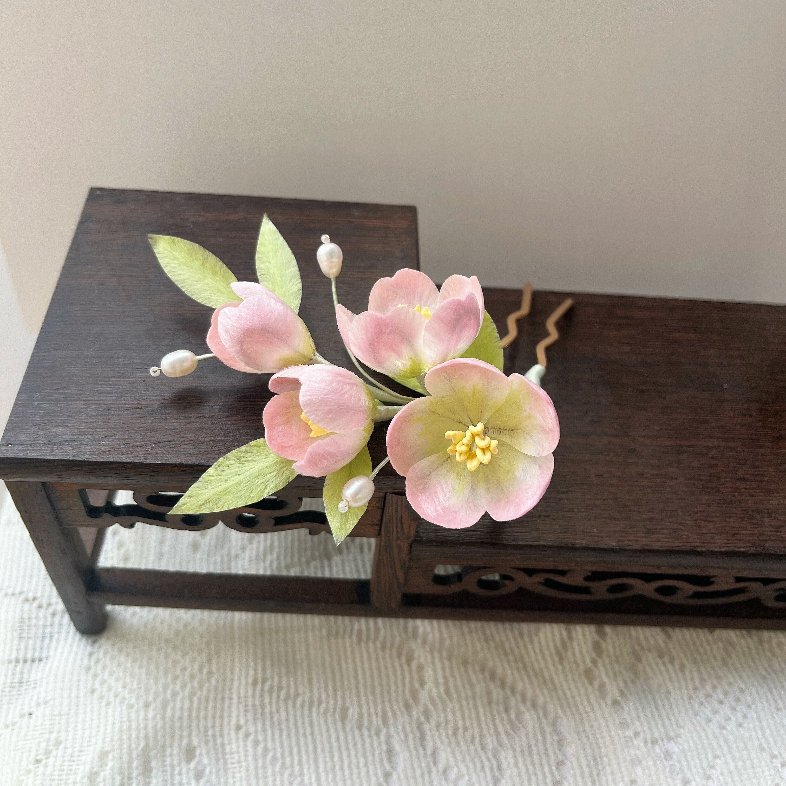 原创蚕丝绒花「粉海棠花」发簪汉服配饰古风发饰簪花簪子