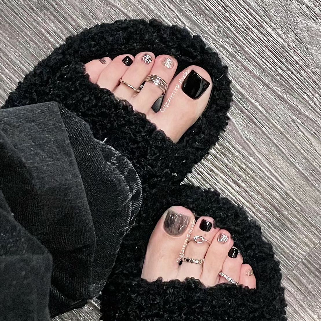 时尚甜酷girl黑金脚趾甲穿戴甲脚指甲贴片防水纯手工定制光疗甲片