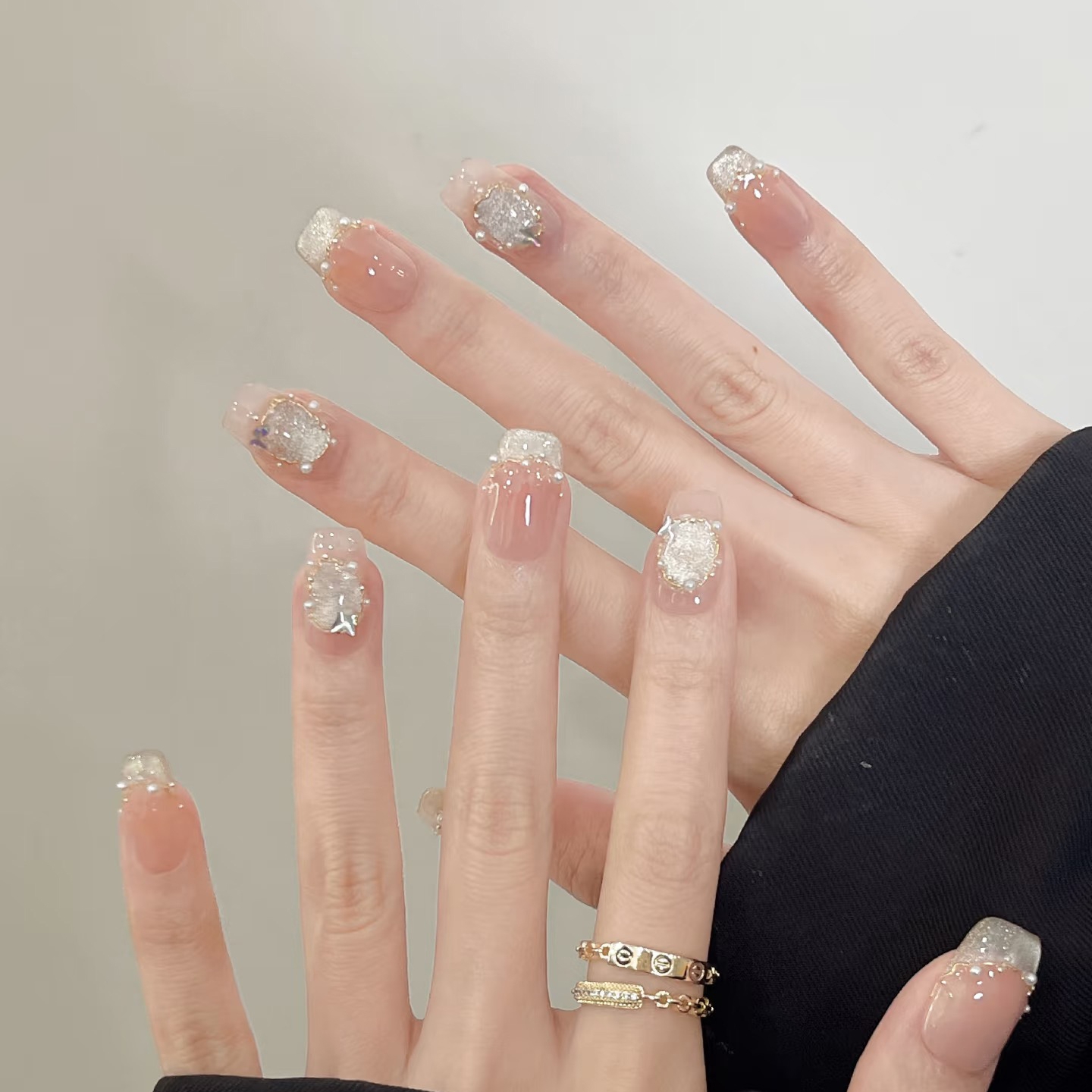 超好看仙气十足穿戴甲温柔气质冰透爆闪假指甲贴片手工定制氛围感