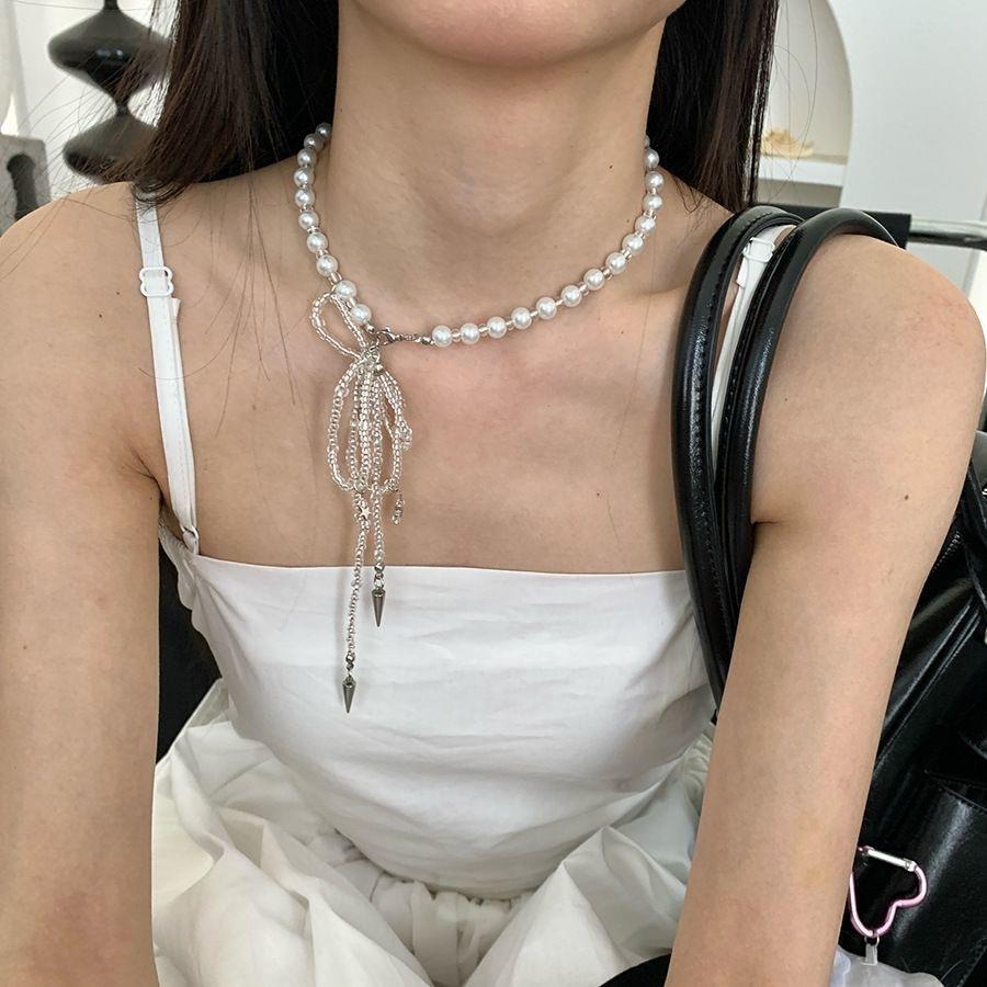 法式玻璃珠蝴蝶结珍珠项链轻奢高级感锁骨链百搭设计感项饰饰品女