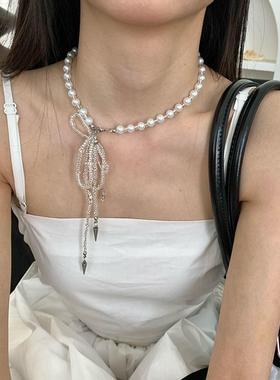 法式玻璃珠蝴蝶结珍珠项链轻奢高级感锁骨链百搭设计感项饰饰品女